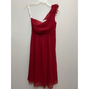 David’s Bridal red one shoulder formal dress